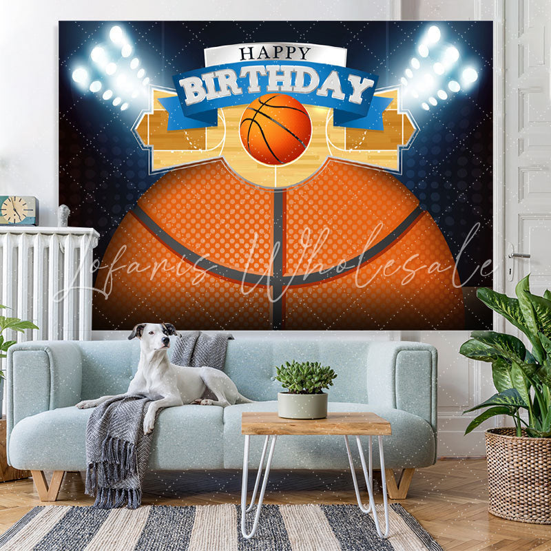 Lofaris Glitter Lights Basketball Court Happy Birthday Backdrop
