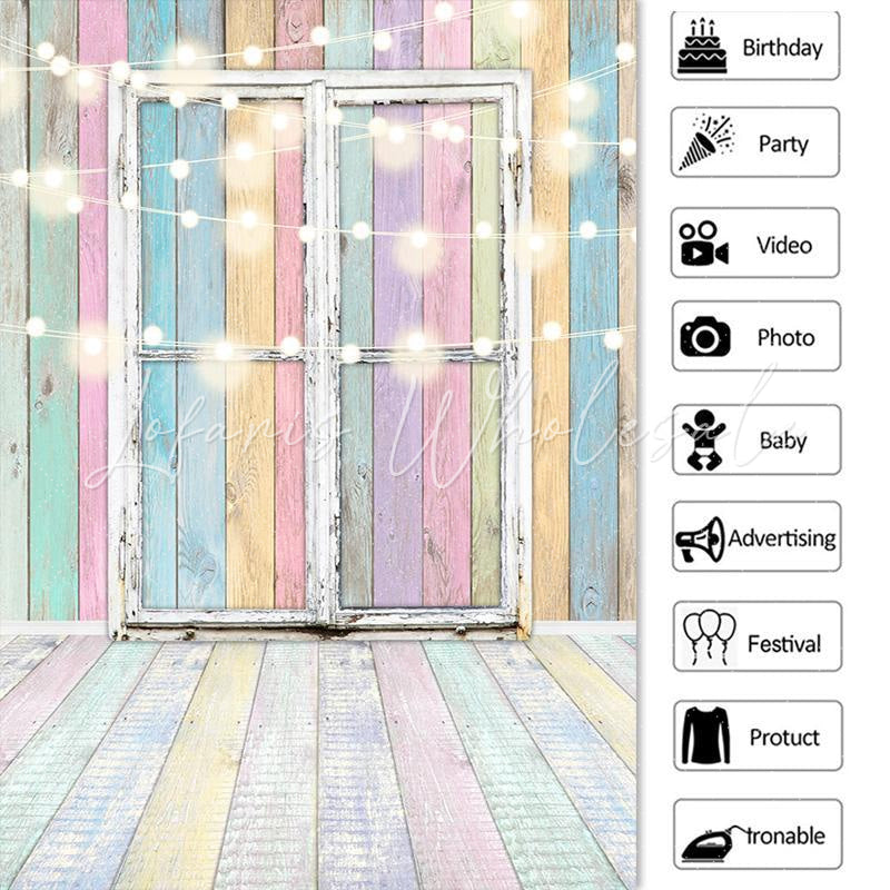 Lofaris Glitter Lights With Colorful Wooden Door Party Backdrop