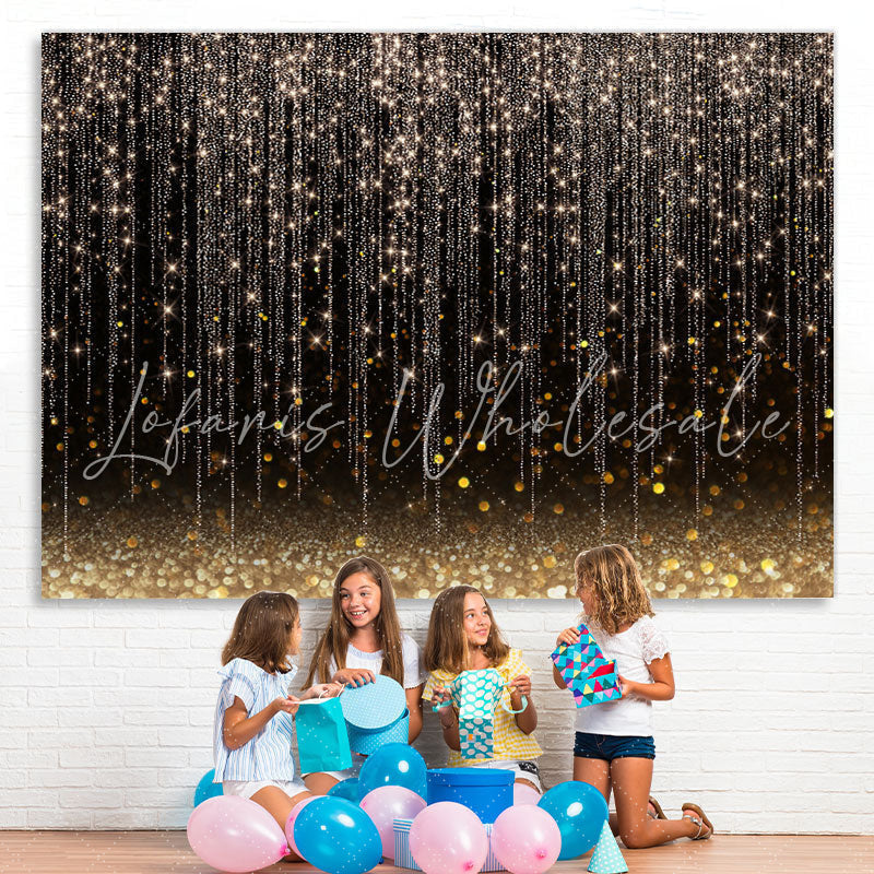 Lofaris Glitter Lines And Black Golden Bokeh Birthday Backdrop