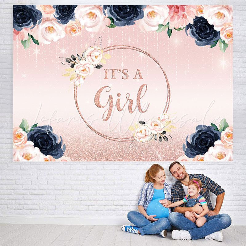 Lofaris Glitter Pink And Floral Its A Girl Baby Shower Backdrop