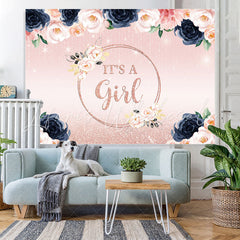 Lofaris Glitter Pink And Floral Its A Girl Baby Shower Backdrop