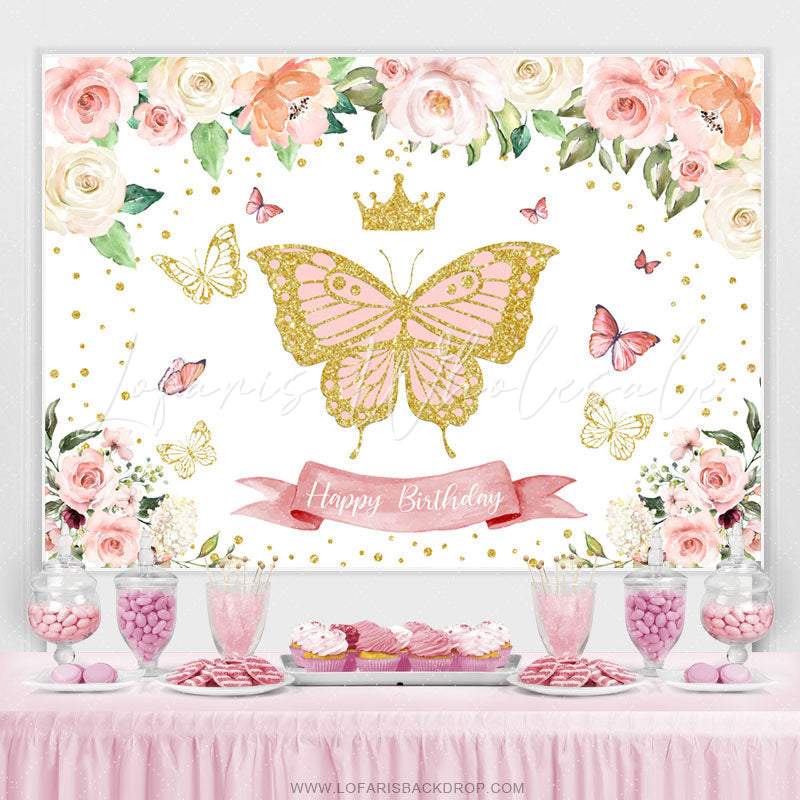 Lofaris Glitter Pink Butterfly Floral Happy Birthday Backdrop