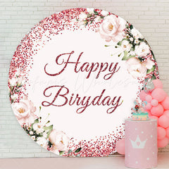 Lofaris Glitter Pink Floral Happy Birthday Round Backdrop