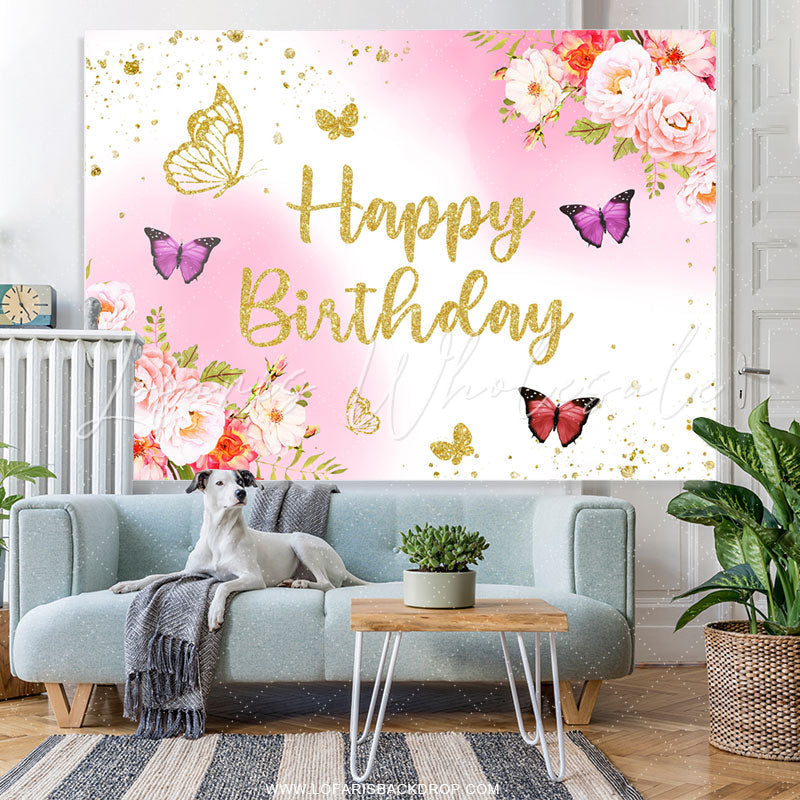Lofaris Glitter Pink Golden Floral Butterfly Birthday Backdrop