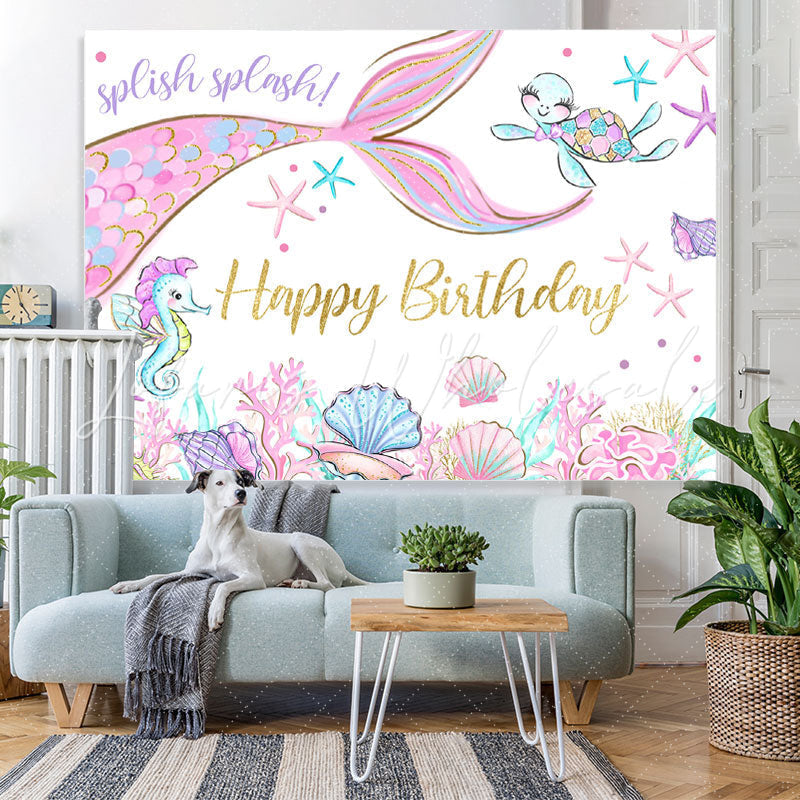 Lofaris Glitter Pink Mermaid In The Sea Happy Birthday Backdrop