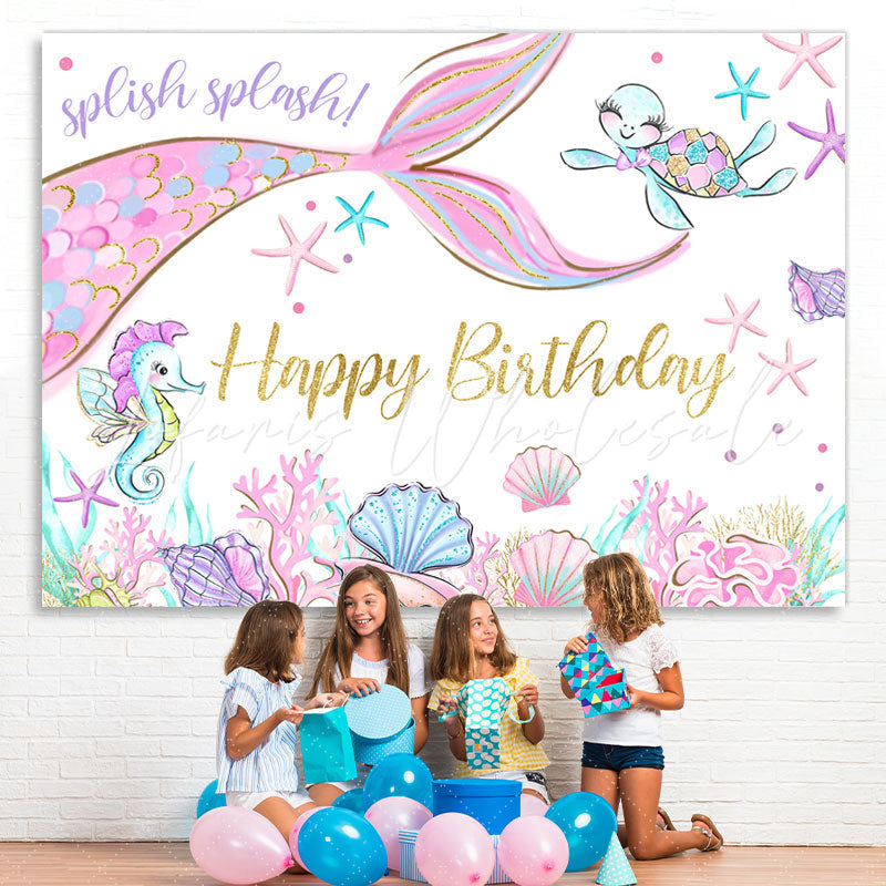 Lofaris Glitter Pink Mermaid In The Sea Happy Birthday Backdrop