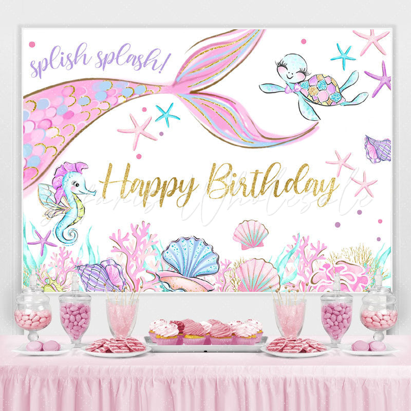 Lofaris Glitter Pink Mermaid In The Sea Happy Birthday Backdrop