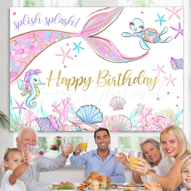 Lofaris Glitter Pink Mermaid In The Sea Happy Birthday Backdrop