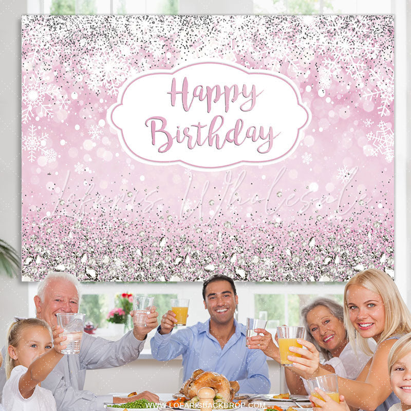 Lofaris Glitter Pink Snowflake Happy Birthday Backdrop For Girl