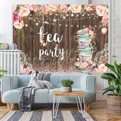 Lofaris Glitter Pink Tea Party Floral Happy Birthday Backdrop