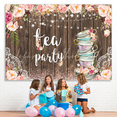Lofaris Glitter Pink Tea Party Floral Happy Birthday Backdrop