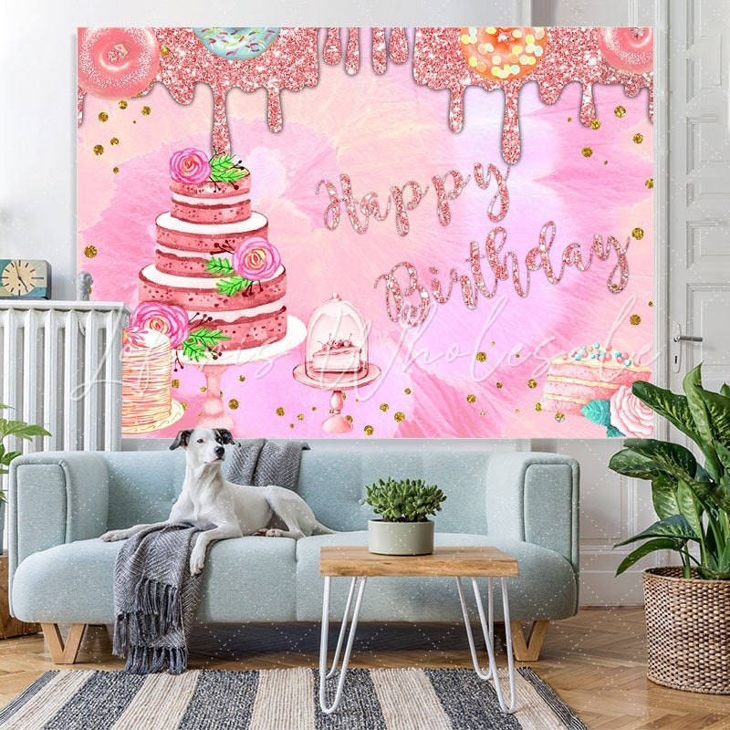 Lofaris Glitter Pink Theme Happy Birthday Backdrop For Girl