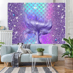 Lofaris Glitter Purple And Blue Mermaid Tail Birthday Backdrop