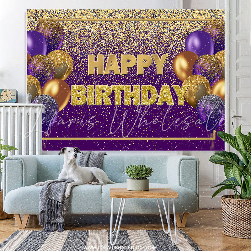 Lofaris Glitter Purple And Gold Balloon Happy Birthday Backdrop