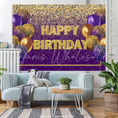 Lofaris Glitter Purple And Gold Balloon Happy Birthday Backdrop