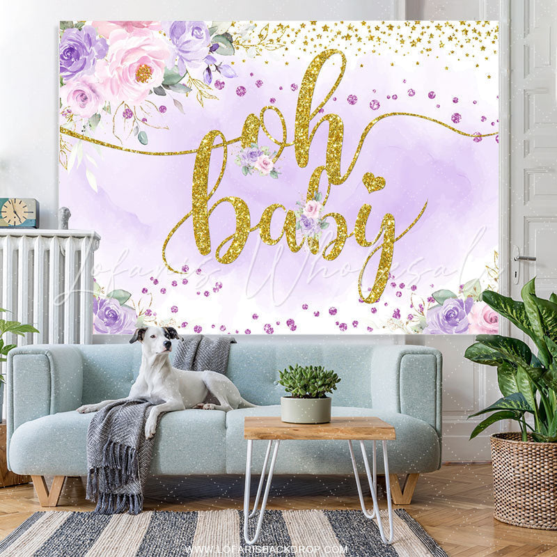Lofaris Glitter Purple And Golden Floral Baby Shower Backdrop