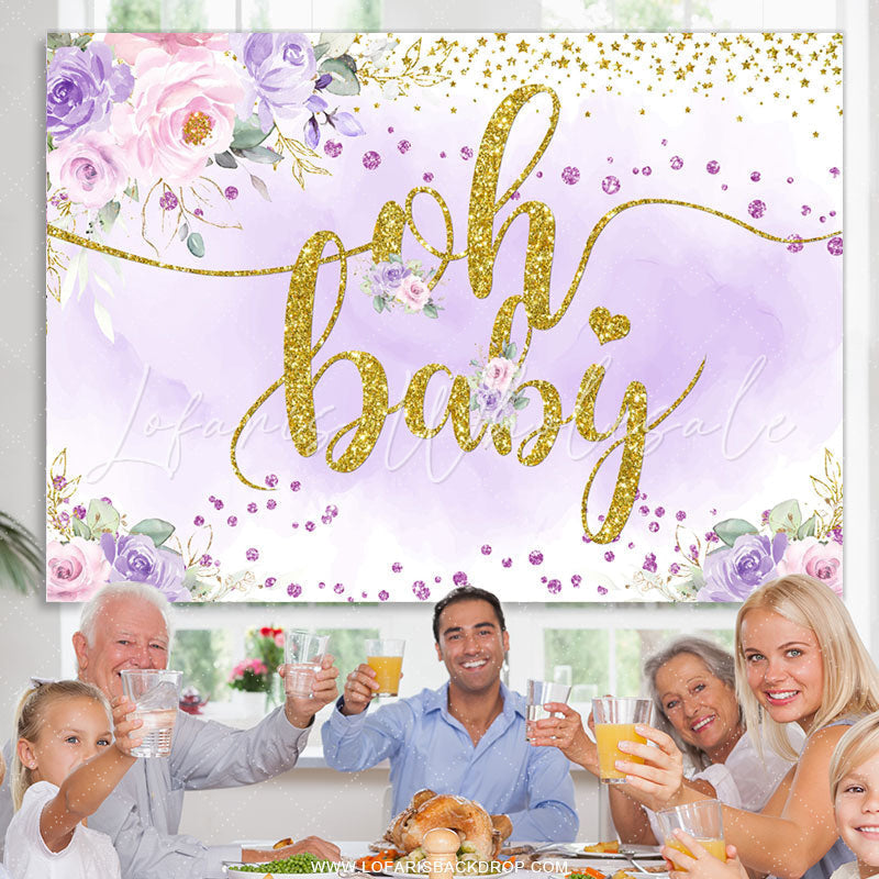 Lofaris Glitter Purple And Golden Floral Baby Shower Backdrop
