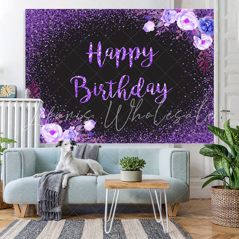 Lofaris Glitter Purple Flowers Black Happy Birthday Backdrop