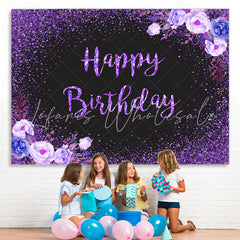Lofaris Glitter Purple Flowers Black Happy Birthday Backdrop