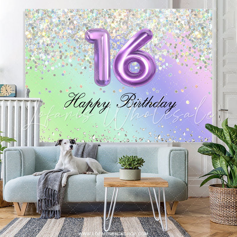 Lofaris Glitter Purple Happy 16Th Birthday Backdrop For Girl