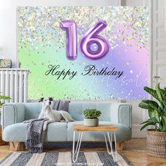 Lofaris Glitter Purple Happy 16Th Birthday Backdrop For Girl