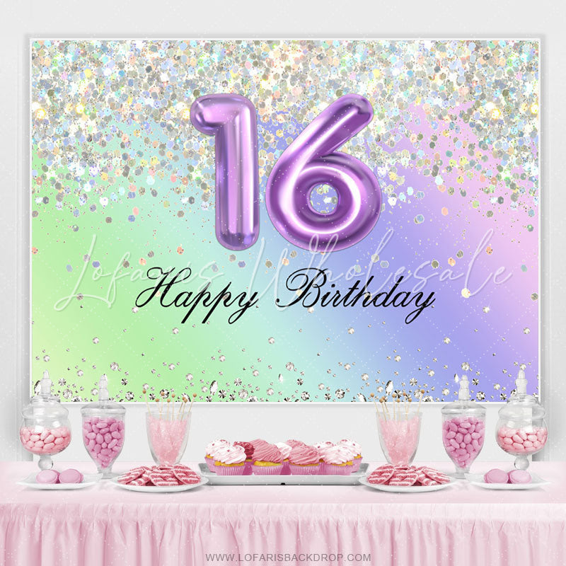 Lofaris Glitter Purple Happy 16Th Birthday Backdrop For Girl
