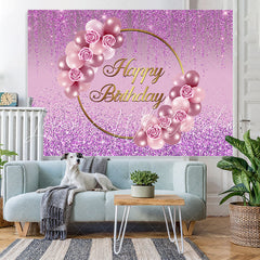 Lofaris Glitter Purple Rose And Balloon Happy Birthday Backdrop