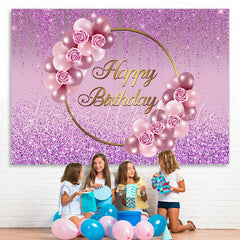 Lofaris Glitter Purple Rose And Balloon Happy Birthday Backdrop