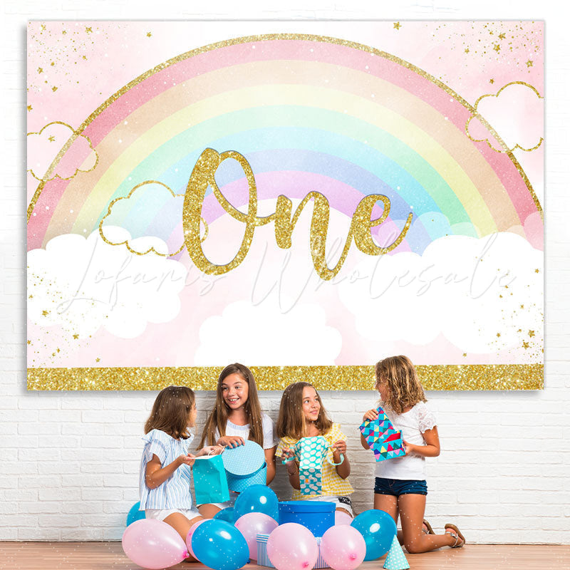 Lofaris Glitter Rainbow And Cloud Happy 1St Birthday Backdrop