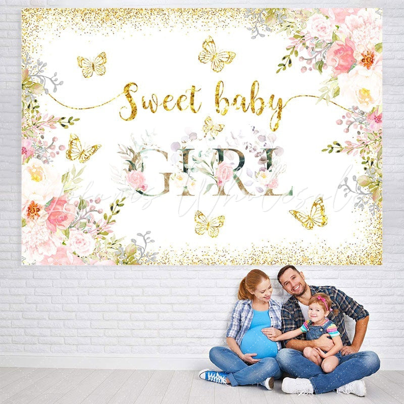 Lofaris Glitter Sfloral Weet Girl Butterfly Baby Shower Backdrop