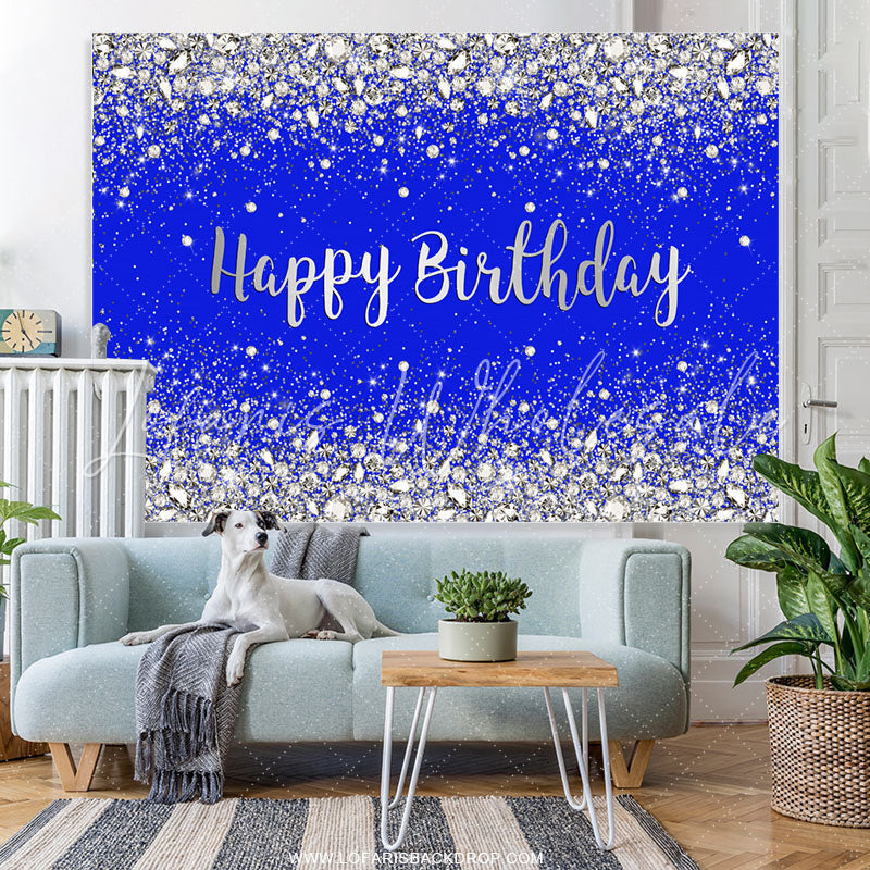 Lofaris Glitter Silver And Navy Blue Happy Birthday Backdrop