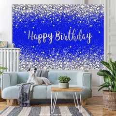 Lofaris Glitter Silver And Navy Blue Happy Birthday Backdrop
