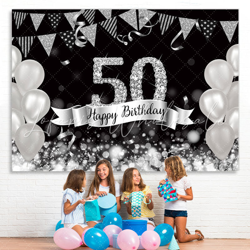 Lofaris Glitter Silver Balloons 50th Happy Birthday Backdrop