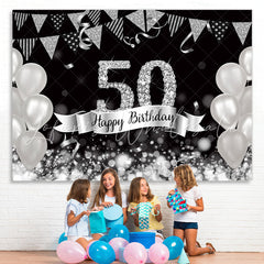 Lofaris Glitter Silver Balloons 50th Happy Birthday Backdrop