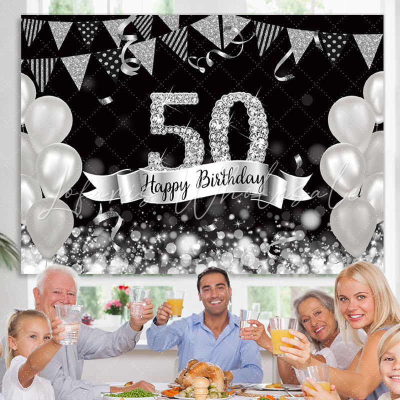 Lofaris Glitter Silver Balloons 50th Happy Birthday Backdrop
