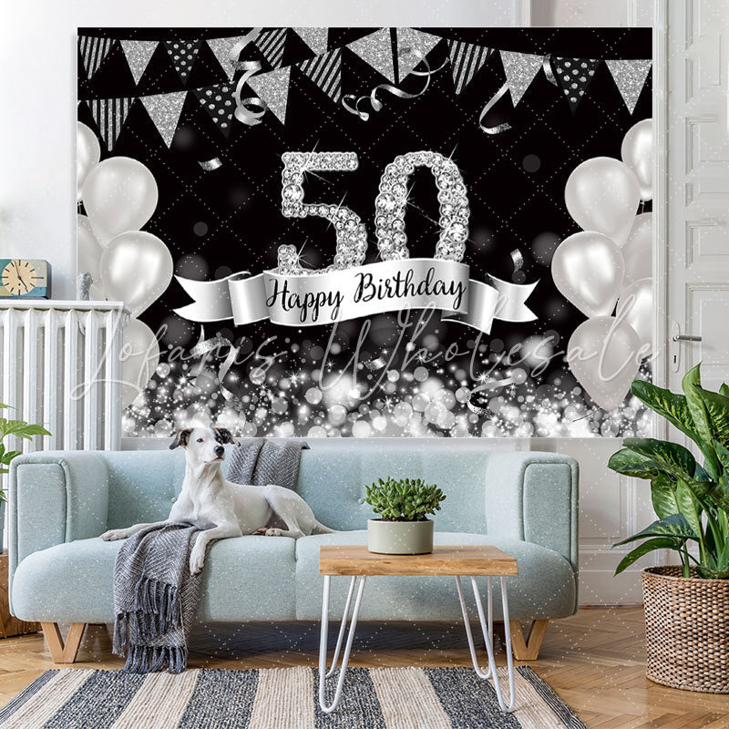 Lofaris Glitter Silver Balloons 50th Happy Birthday Backdrop