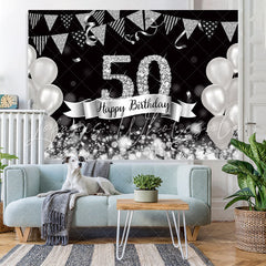 Lofaris Glitter Silver Balloons 50th Happy Birthday Backdrop