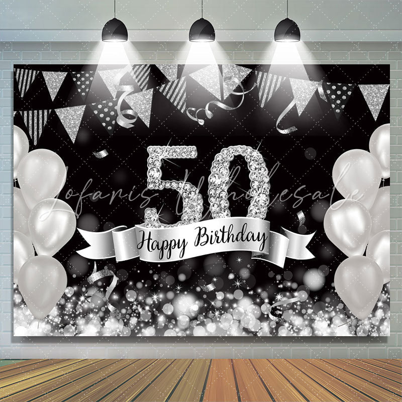 Lofaris Glitter Silver Balloons 50th Happy Birthday Backdrop