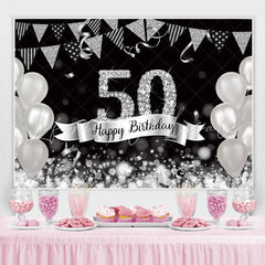 Lofaris Glitter Silver Balloons 50th Happy Birthday Backdrop