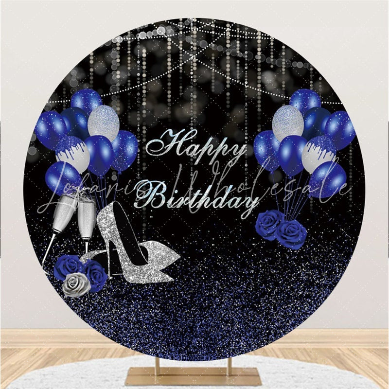 Lofaris Glitter Silver Balloons Round Happy Birthday Backdrop