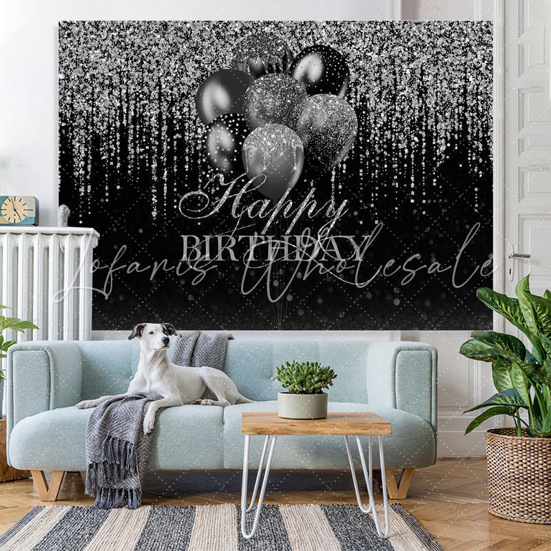 Lofaris Glitter Silver Black Balloon Happy Birthday Backdrop