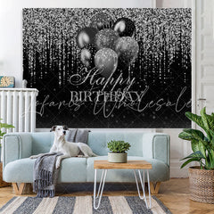 Lofaris Glitter Silver Black Balloon Happy Birthday Backdrop