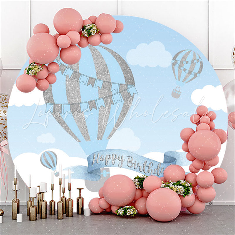 Lofaris Glitter Silver Blue Ariballoon Round Birthday Backdrop
