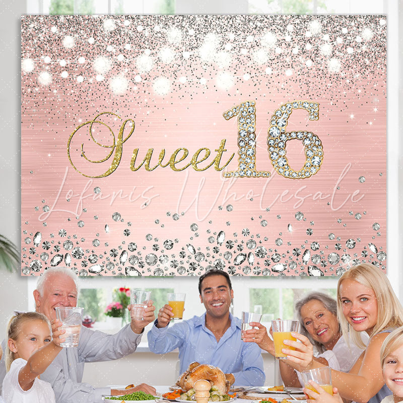 Lofaris Glitter Silver Diamond Sweet 16 Happy Birthday Backdorp