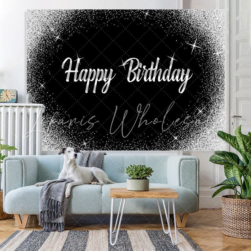 Lofaris Glitter Silver Dots and Black Happy Birthday Backdrop