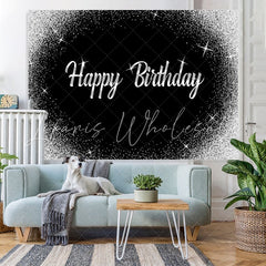 Lofaris Glitter Silver Dots and Black Happy Birthday Backdrop