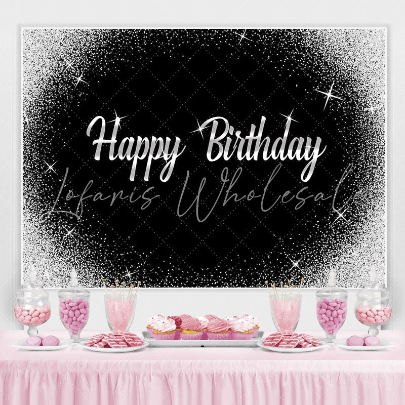 Lofaris Glitter Silver Dots and Black Happy Birthday Backdrop