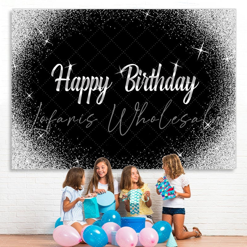 Lofaris Glitter Silver Dots and Black Happy Birthday Backdrop
