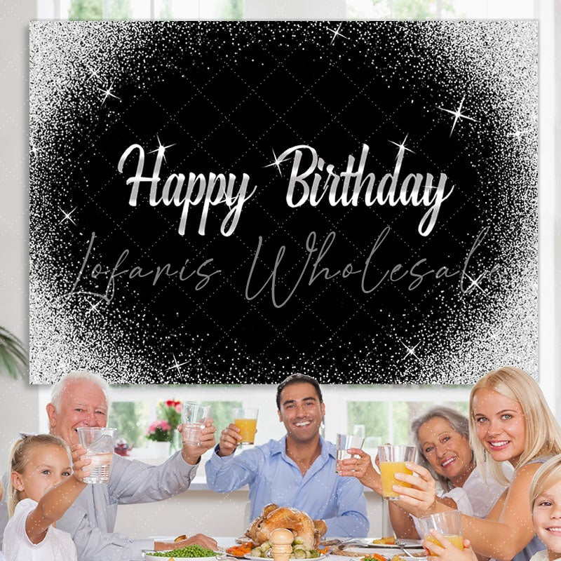 Lofaris Glitter Silver Dots and Black Happy Birthday Backdrop