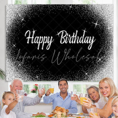 Lofaris Glitter Silver Dots and Black Happy Birthday Backdrop